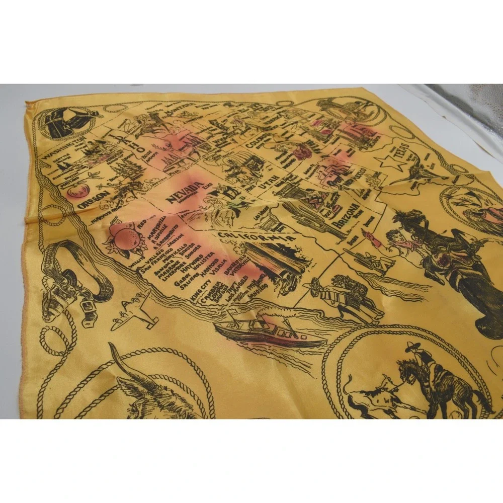 Vintage Western USA Map Souvenir Scarf Yellow Cowboy Americana Made in USA 23x23